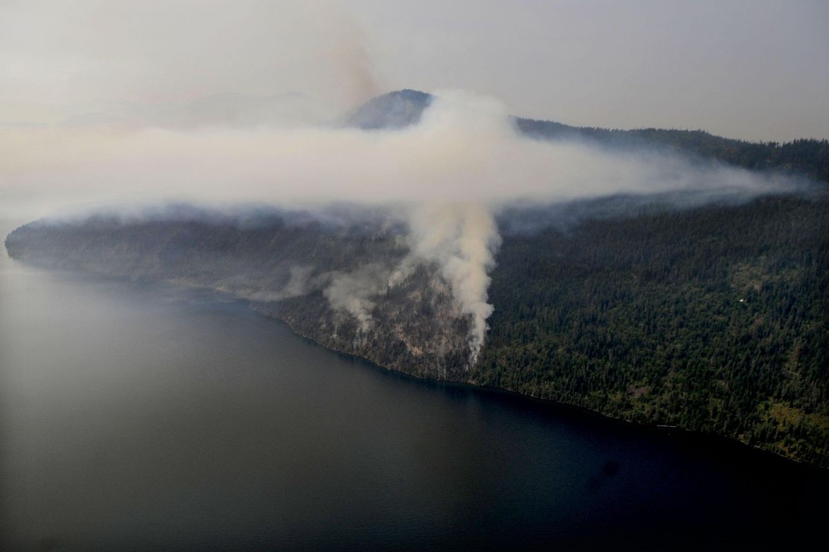 A view of the Cape Horn fire from an Idaho National Guard Blackhawk helicopter on July 9, 2015, four days after the fire began and destroyed nine homes near Bayview, Idaho. (Kathy Plonka / The Spokesman-Review)