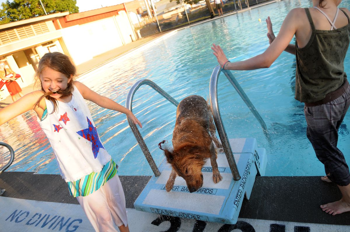 Maggie Smith and her sister Mary get a shower after their dog Holly took a dip Tuesday at A.M. Cannon pool in Spokane. The pool, which will be replaced before next summer, was marking its last night in operation by allowing owners to bring their pooches for a swim.  (Photos by RAJAH BOSE / The Spokesman-Review)