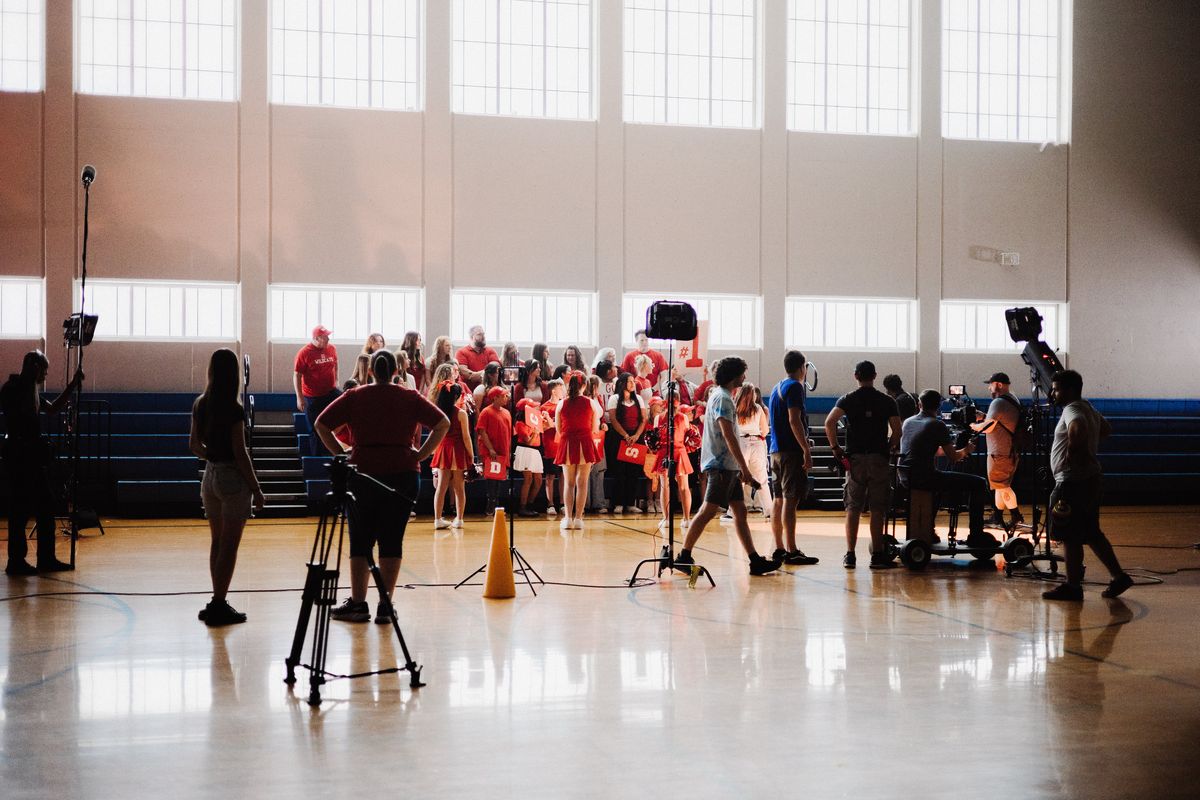 The “Untouchable” crew sets up a shot for the film’s climax, a high school rivalry basketball game, shot in the Central Valley High School gym. (Courtesy of Kira Westlund)