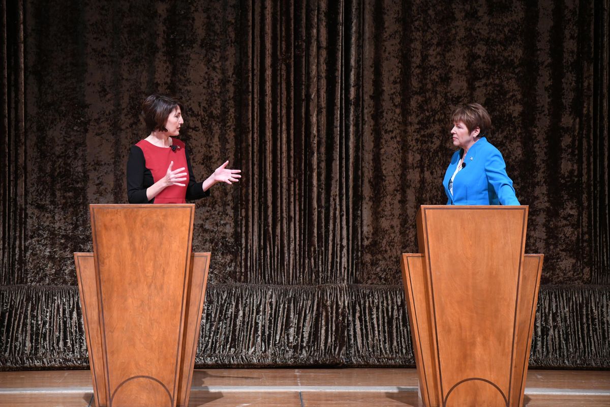 U.S. Representative Cathy McMorris Rodgers and challenger Lisa Brown, face each other when asked to say something nice about the other person during their second debate, Wednesday, Oct. 17, 2018 at the Martin Woldson Theater at the Fox in Spokane. (Jesse Tinsley / The Spokesman-Review)