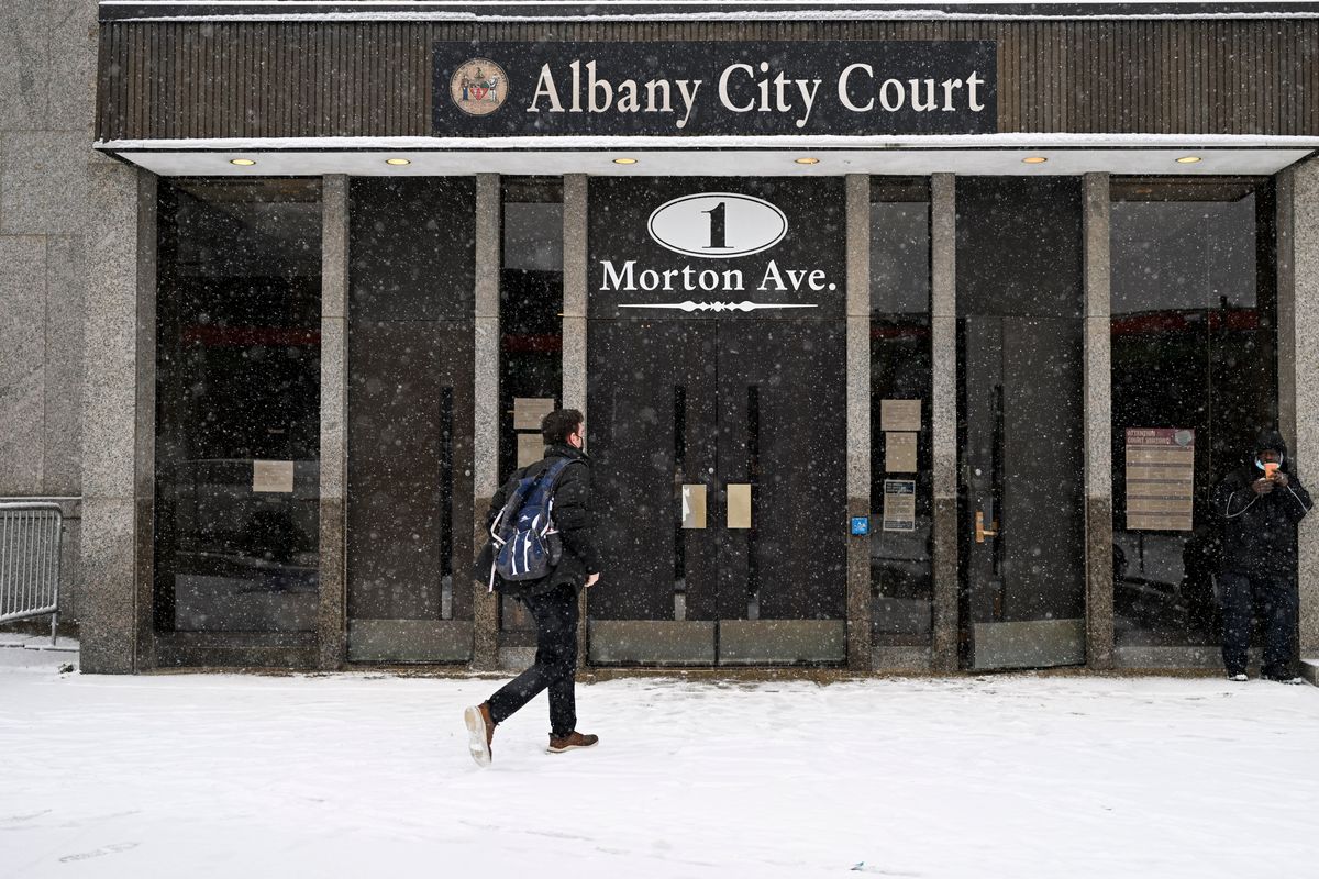 Exterior of the Albany County City Court is shown, where former New York Gov. Andrew Cuomo will appear virtually for a court session before Judge Holly Trexler, as she considers a prosecutor