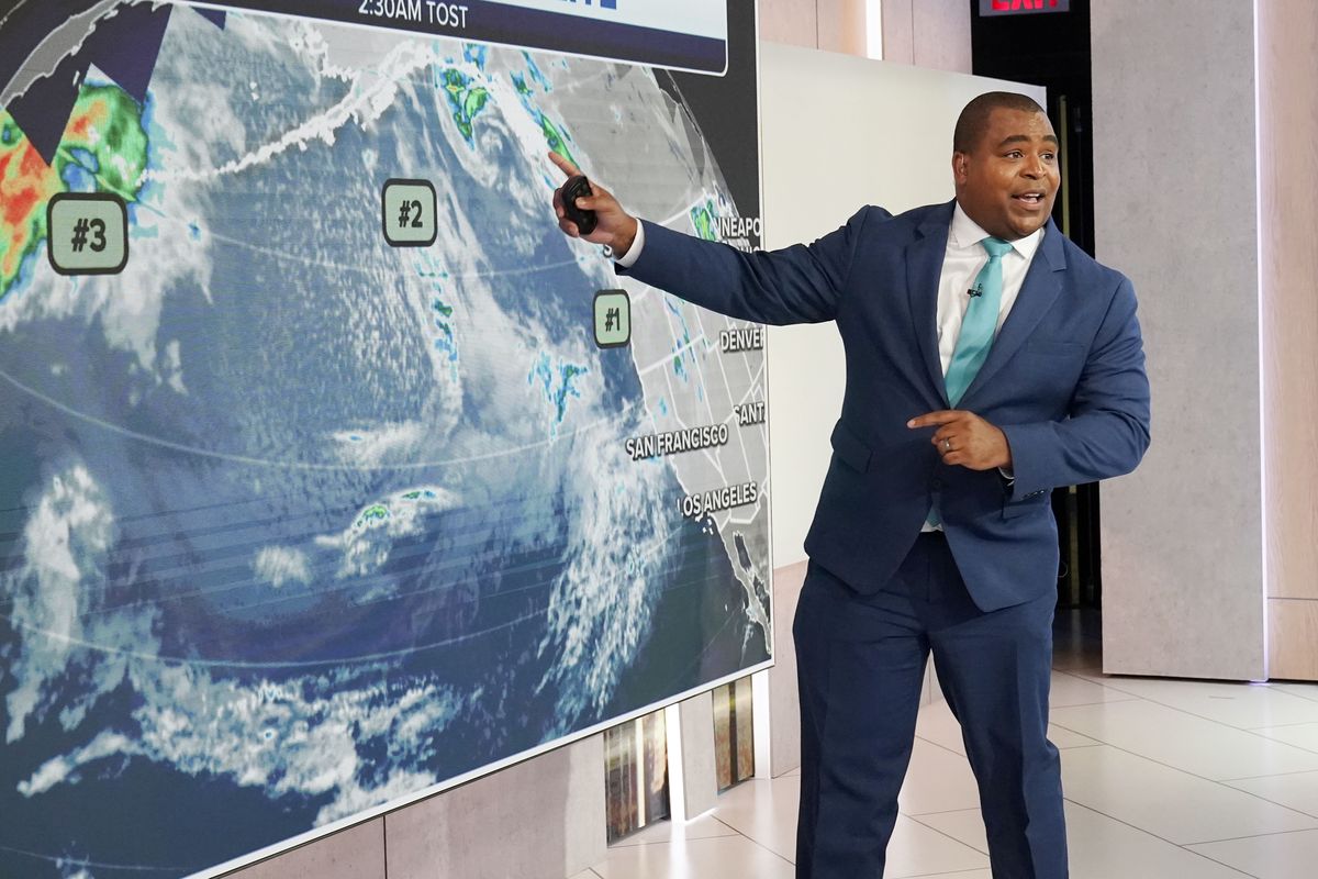 Co-anchor and meteorologist Jason Frazer rehearses on the Fox Weather set at News Corporation headquarters Wednesday in New York. Fox Weather, a free streaming service and app, will launch Monday.  (Richard Drew)