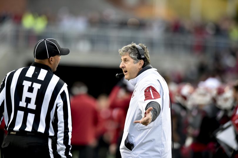 WSU head coach Mike Leach reacts after officials reviewed receiver John Thompson’s touchdown against Arizona State during the second half of a Pac-12 college football game on Saturday, Nov 7, 2015, at Martin Stadium in Pullman, Wash. WSU won the game 38-24. (Tyler Tjomsland / The Spokesman-Review)
