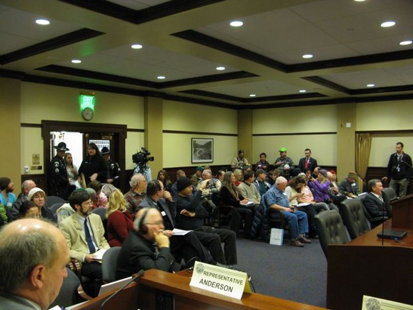 Hearing room is packed Friday morning for hearing on bill to evict Occupy Boise from state property, but the hearing was delayed until Monday due to a technical problem with the bill. (Betsy Russell)