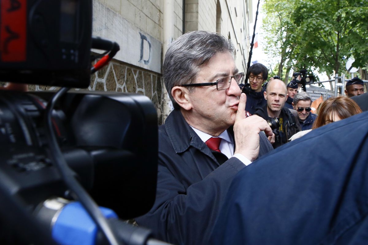 Far-left presidential candidate Jean-Luc Melenchon reacts after voting in the first round of the French presidential election, in Paris, Sunday April 23, 2017. (Francois Mori / Associated Press)