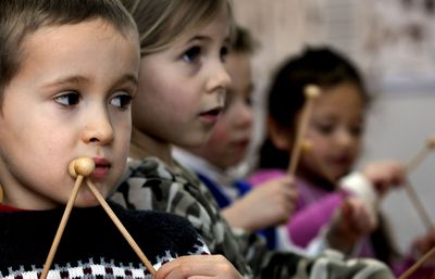 Jordan Gallegos, 5, far left, awaits further instruction during a recent class at Kindermusik in Coeur d’Alene. (Kathy Plonka / The Spokesman-Review)