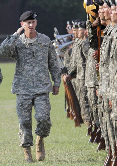 Gen. Stanley McChrystal reviews troops for the last time at his retirement ceremony at Fort McNair in Washington, D.C., on Friday.  (Associated Press)