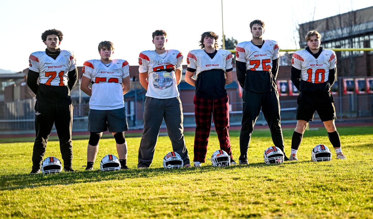 West Valley’s offensive line, from left, Trey Raiford, Bryson Maidhoff, Jace Carson, Blake Gipson, Quinlan Hyatt and Andrew Royston at the school Wednesday.  (Kathy Plonka/The Spokesman-Review)