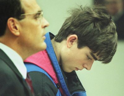 Defense attorney Garth Dano, left, stands with his client Barry Loukaitis during his arraignment on Feb. 5, 1996. Loukaitis was later convicted in the deaths of three people, including two classmates and a teacher at Frontier Junior High School in Moses Lake, Wash. (Christopher Anderson / The Spokesman-Review)