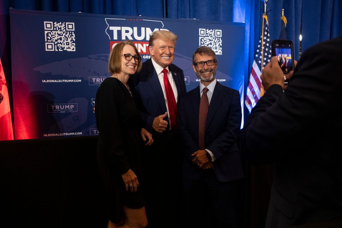 Above: Donald Trump greets attendees at the 2023 Iowa Republican Party Lincoln Dinner in Des Moines, Iowa, on Friday. A contest once viewed as a two-man race between Trump and Gov. Ron DeSantis of Florida appeared here to be settling into a new dynamic: the former president versus everyone else. Left: Gov. Ron DeSantis of Florida addresses the Iowa Republican Party Lincoln Dinner on Friday.  (Jordan Gale)