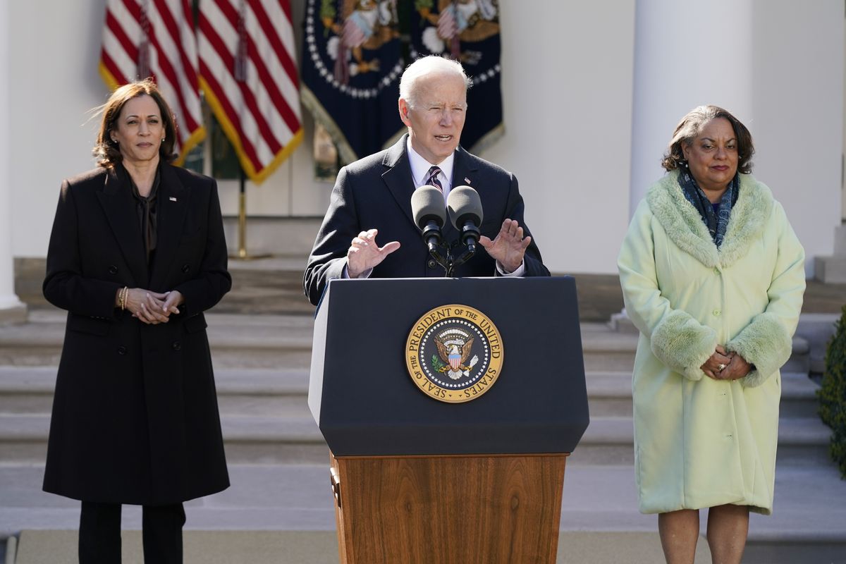 President Joe Biden speaks after signing the Emmett Till Anti-Lynching Act in the Rose Garden of the White House, Tuesday, March 29, 2022, in Washington. Vice President Kamala Harris, left, and Michelle Duster, great-granddaughter of civil rights pioneer Ida B. Wells look on.  (Patrick Semansky)