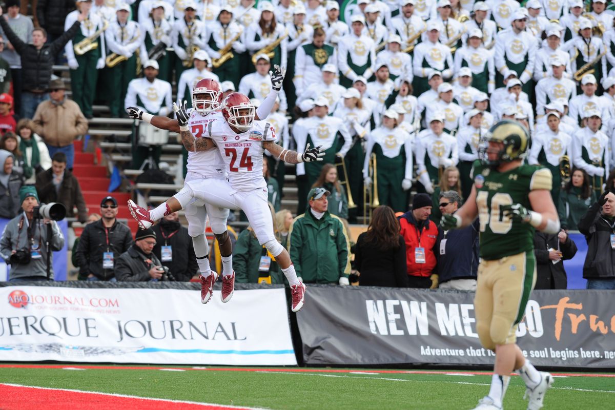 Theron West (24) celebrates his first-quarter touchdown reception against Colorado State in the Gildan New Mexico Bowl on Saturday. (TYLER TJOMSLAND PHOTOS)