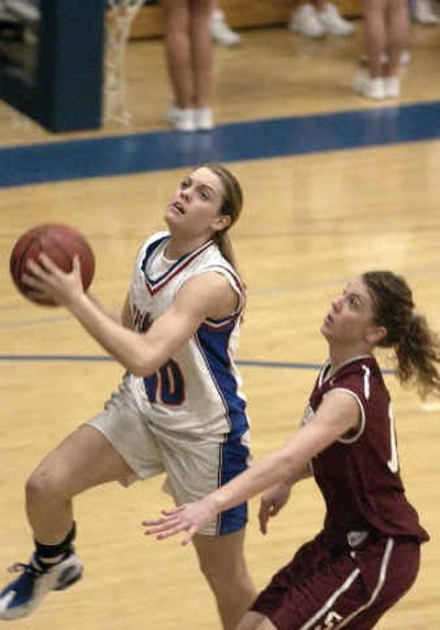 
Coeur d'Alene's Jenna Delong, left, beats Sandpoint's Kelsey James to the basket Friday night during the Vikings' 50-40 win. 
 (Tom Davenport/ / The Spokesman-Review)