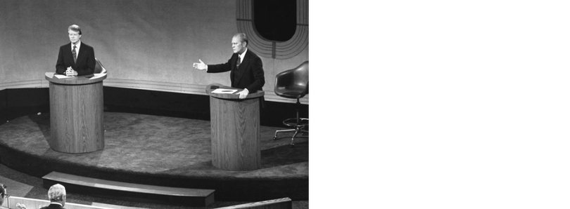 Image from the first presidential debate in front of a live television audience. Video available online of the match between President Gerald Ford and Georgia Gov. Jimmy Carter doesn't show a handshake, but contact sheets available through the Gerald R. Ford Library prove that the two did shake hands after the debate. (Courtesy Gerald R. Ford Library)