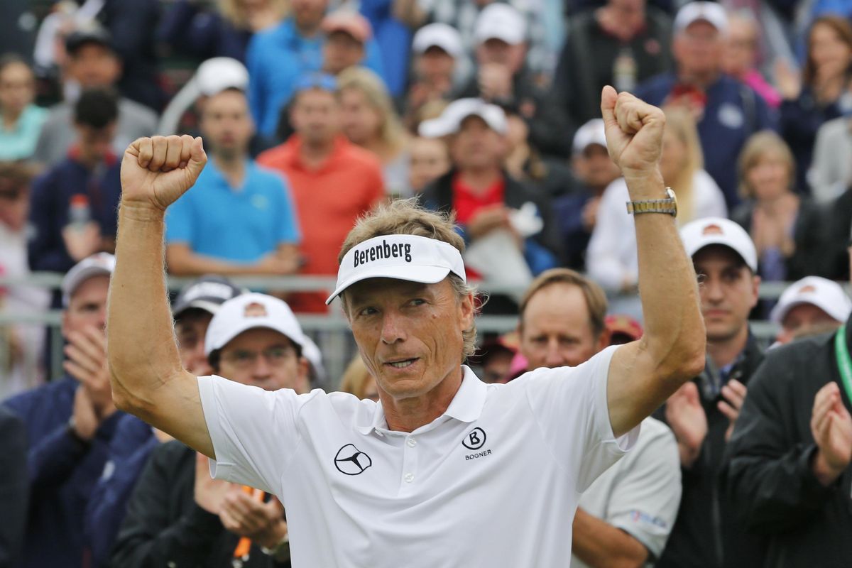 Bernhard Langer, of Germany, celebrates wining the Senior PGA Championship at the Trump National golf club in Sterling, Va., Sunday, May 28, 2017. Longer finished the tournament with a one stroke victory at 18-under-par. (AP Photo/Steve Helber) ORG XMIT: VASH115 (Steve Helber / AP)