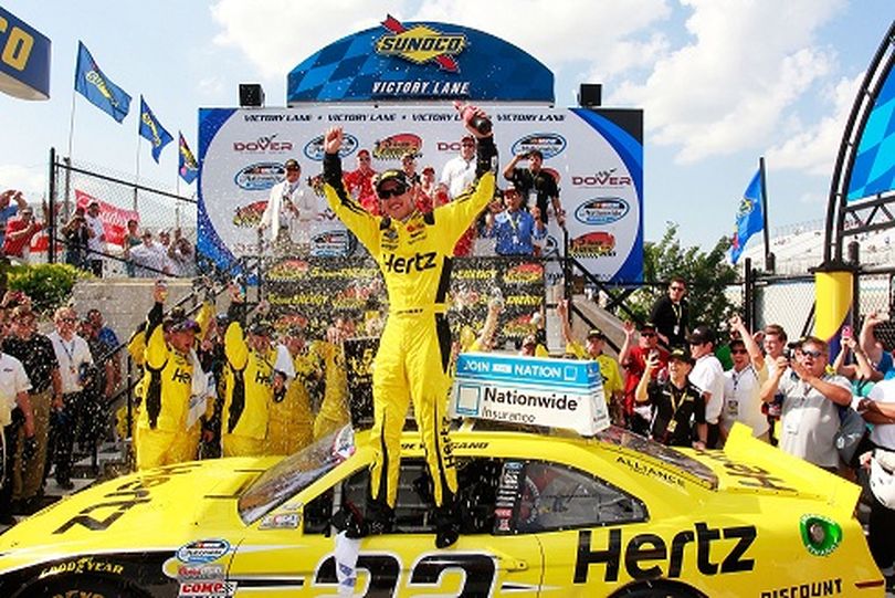 Joey Logano, driver of the #22 Hertz Ford, celebrates in Victory Lane after winning the NASCAR Nationwide Series 5-hour ENERGY 200 at Dover International Speedway on June 1, 2013 in Dover, Delaware. (Phot Credit: Geoff Burke/Getty Images) (Geoff Burke / Getty Images North America)