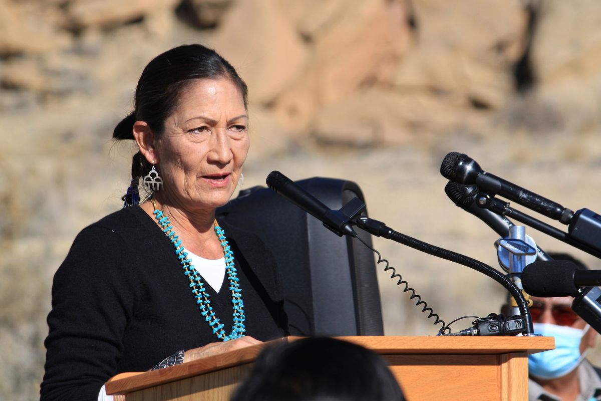 U.S. Interior Secretary Deb Haaland addresses a crowd during a celebration at Chaco Culture National Historical Park in northwestern New Mexico on Monday, Nov. 22, 2021. Haaland called the day momentous, referring to recent action taken by the Biden administration to begin the process of withdrawing federal land from oil and gas development within a 10-mile radius of the park