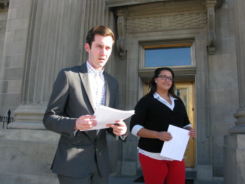 Jordan Brady, left, and Chelsea Gaona Lincoln discuss a letter and petition they're about to deliver to Rep. Paul Shepherd, R-Riggins, asking for a meeting. (Betsy Russell)