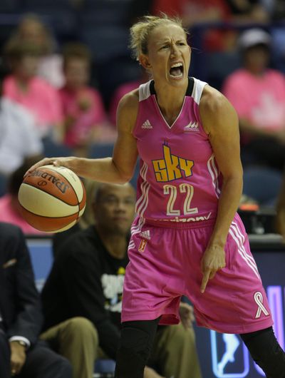 Ex-Gonzaga star Courtney Vandersloot shouts to Chicago Sky teammates during Tuesday’s game against the Minnesota Lynx. (John Konstantaras / Associated Press)