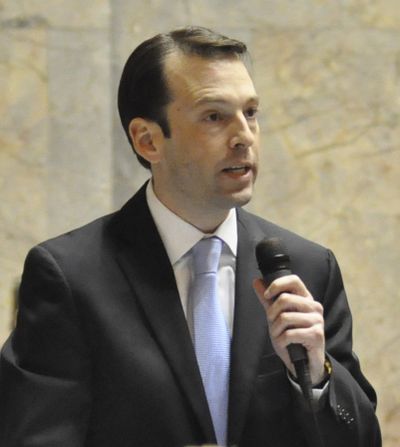 OLYMPIA -- Sen. Andy Billig, D-Spokane, calls for support of a bill that would require state agencies to use products free of PCBs when they are available. (Jim Camden)