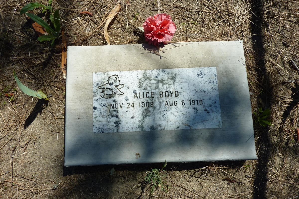 Replacement grave stone for baby Alice Boyd, who died in 1910, one of the earliest burials in the cemetery. (Stefanie Pettit / The Spokesman-Review)