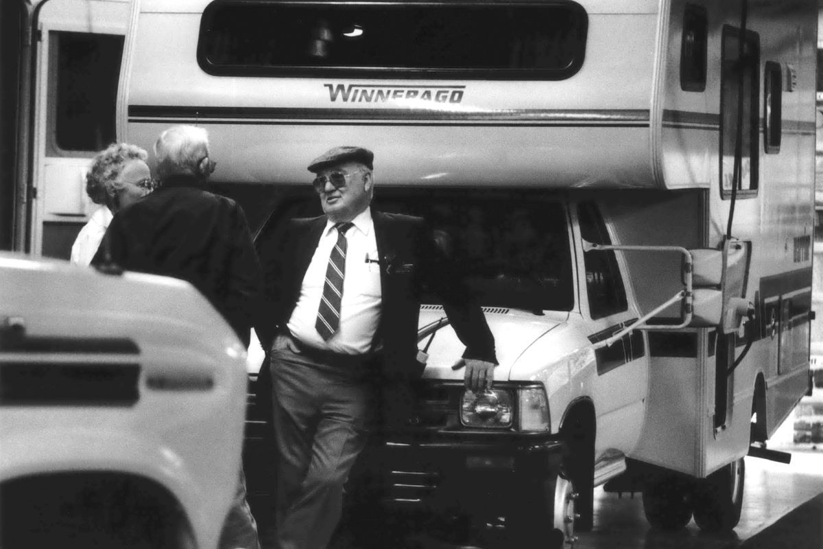 1992 - Norm Backlund, a salesman for R n R RV Center, talks with customers at the 1992 Spokane RV Show. Toyota-based motorhomes, like the one Backlund is leaning against, were discontinued a few years later after the lightweight chassis components failed under the stress of the large coaches. Today’s RVs are bigger, with more powerful engines. This year’s show is Jan. 18-21 at the Spokane Fair and Expo Center. (Blair Kooistra / Cowles Publishing)