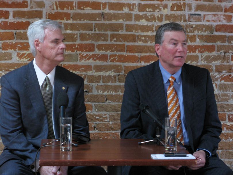 Senate President Pro-tem Brent Hill, left, and House Speaker Scott Bedke address the Idaho Press Club on Tuesday (Betsy Russell)