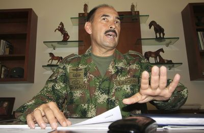 Army Gen. Paulino Coronado, commander  of the 30th brigade, one of three generals fired by Colombia’s government, speaks to the press in Cucuta, Colombia, on Wednesday.  (Associated Press / The Spokesman-Review)