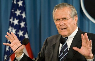 
Defense Secretary Donald Rumsfeld discusses the war in Iraq during a recent media briefing at the Pentagon. 
 (Associated Press / The Spokesman-Review)