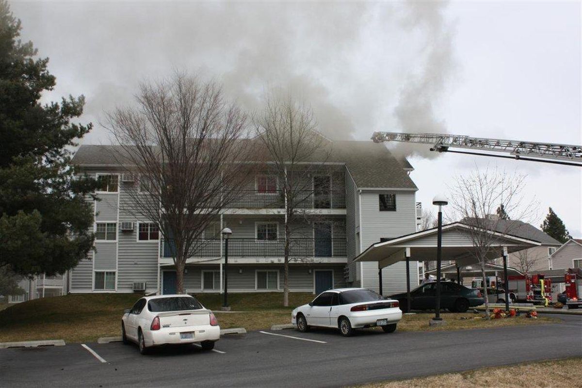 Fire crews responded to an attic fire at the Village Apartments at 9717 E. Sixth on April 2, 2012. (Photo courtesy the Spokane Valley Fire Department)
