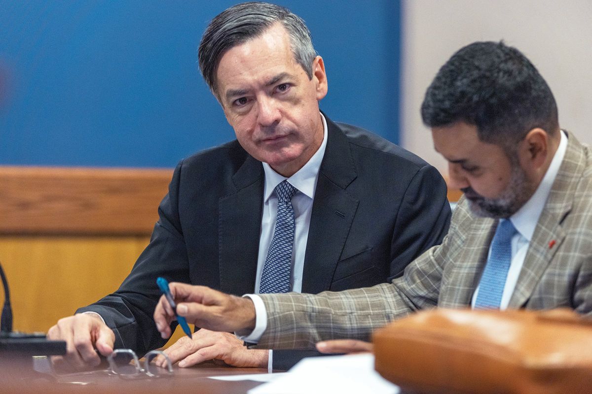 Kenneth Chesebro, left, sits with his attorney, Manny Arora, during a hearing where Chesebro accepted a plea deal from the Fulton County District Attorney in front of Fulton County Superior Judge Scott McAfee at the Fulton County Courthouse on Oct. 20 in Atlanta. (Alyssa Pointer)