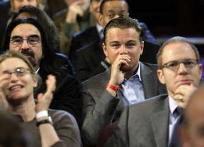 
Actor Leonardo DiCaprio sits in the audience  during the Democratic presidential debate Thursday in Los Angeles.
 (The Spokesman-Review)