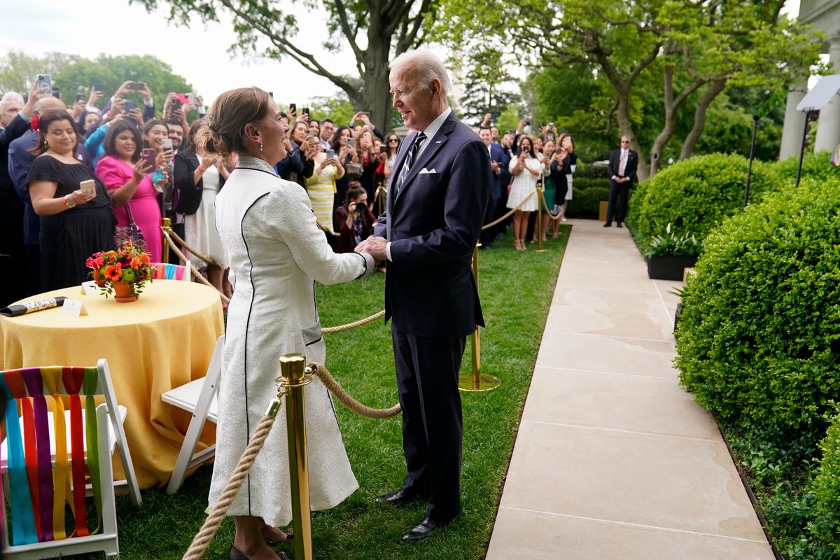 President Joe Biden greets Mexico’s first lady Beatriz Gutierrez Muller during a Cinco de Mayo event in the Rose Garden of the White House on Thursday in Washington, D.C.  (Evan Vucci)