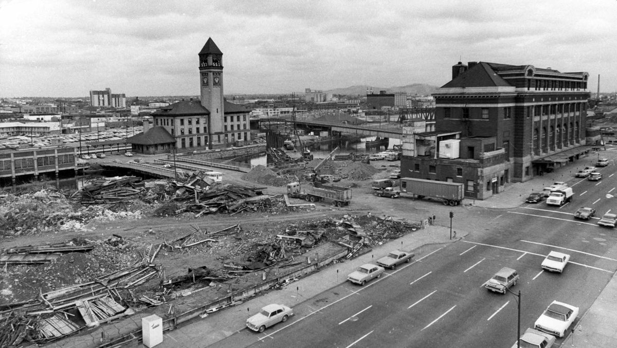 1972: As the preparation for Expo’74 got into high gear, the area facing Trent Avenue, now Spokane Falls Boulevard, the Union Station, right, and the Great Northern station, center, were ready for the wrecking ball. (SPOKESMAN-REVIEW PHOTO ARCHIVE / SR)