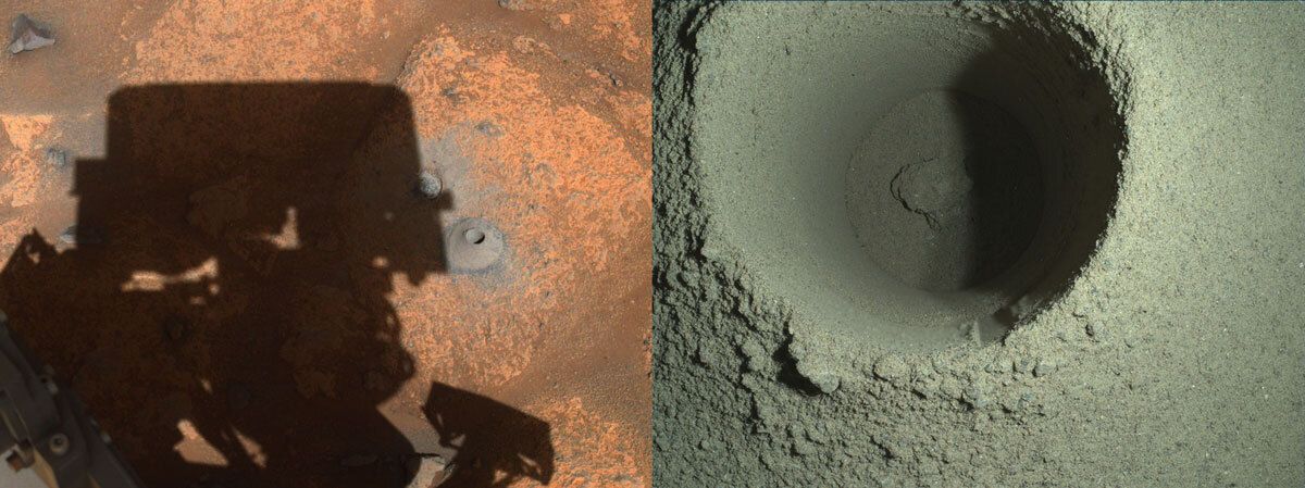 This pair of August 2021 images made available by NASA shows the drill hole from Perseverance’s first sample-collection attempt on Mars. NASA is blaming unusually soft rock for last week’s sampling fiasco on Mars. The Perseverance rover came up empty after attempting to collect its first core sample on the red planet for eventual return to Earth. Data beamed back on Friday, Aug. 6, 2021 showed that the rover drilled to the proper depth of nearly 3 inches (8 centimeters), and pictures of the borehole looked good. But it quickly became clear the sample tube was empty.  (HOGP)