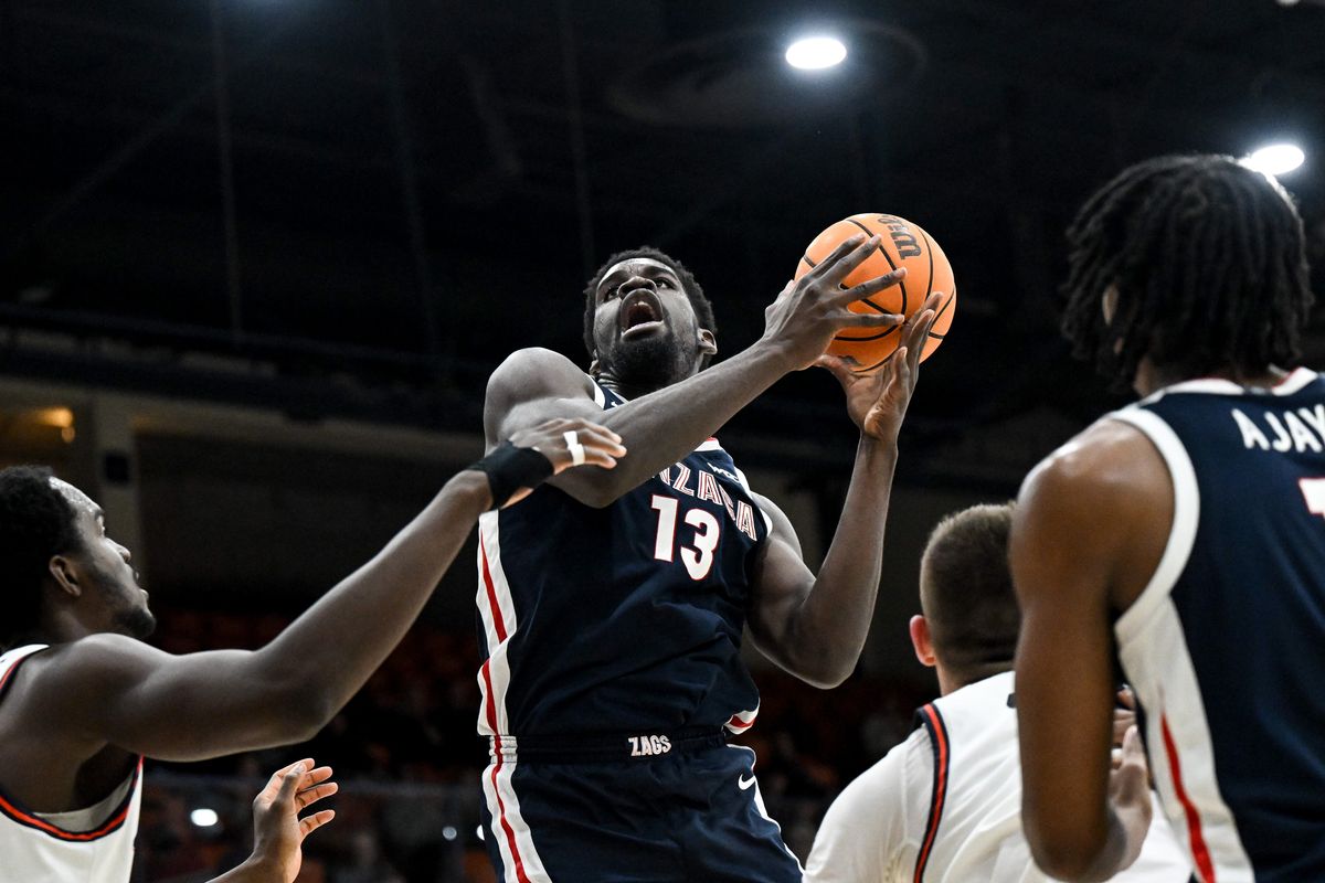 Gonzaga Bulldogs forward Graham Ike (13) battles Pepperdine Waves forward Boubacar Coulibaly (12) in the paint during the second half of a college basketball game on Monday, Dec. 30, 2024, at Firestone Fieldhouse in Malibu, Calif. Gonzaga won the game 89-82.  (Tyler Tjomsland/The Spokesman-Review)