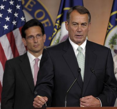 House Speaker John Boehner of Ohio, right, speaks during a news conference with House Majority Leader Eric Cantor, R-Va. (Associated Press)
