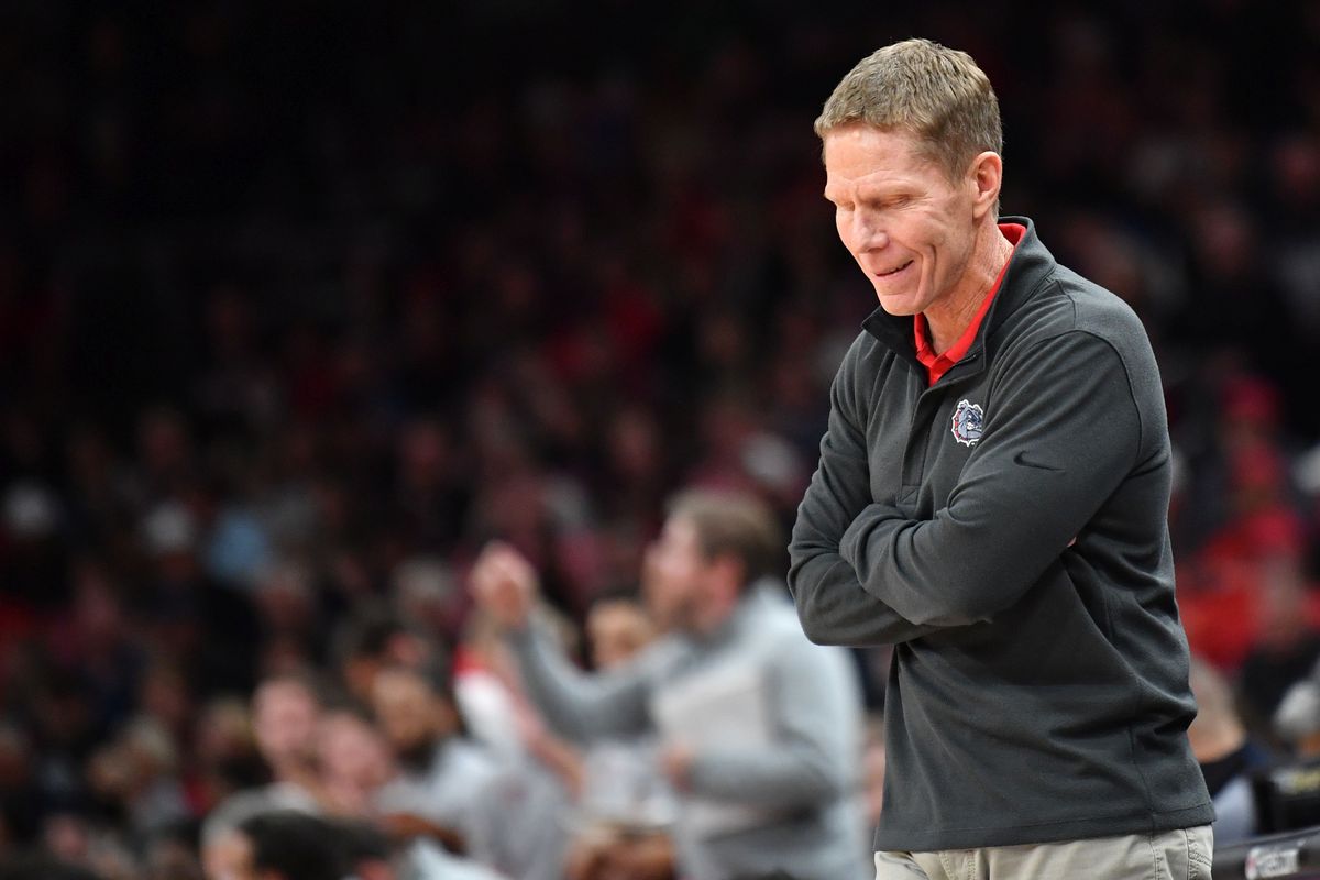 Gonzaga Bulldogs head coach Mark Few reacts during the second half of a college basketball game on Saturday, Dec 18, 2021, at Footprint Center in Phoenix, Ariz. Gonzaga won the game 69-55.  (Tyler Tjomsland / The Spokesman-Review)