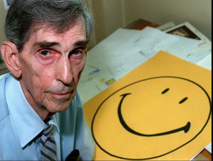 Smiley face for Becky Nappi blog
llustrator Harvey Ball, of Worcester, Mass., who created the smiley face, the bright yellow happy face that has become a worldwide symbol of good cheer, poses Monday, July 6, 1998 in Worcester, Mass. Ball is upset that French entrepreneur Franklin Loufrani registered the trademark in 1971 and now holds the trademark in much of the world. Ball, 76, created the symbol in 1963 as part of an in-house happiness campaign for an insurance company. (AP Photo/Paul Connors) (Paul Connors / Associated Press)