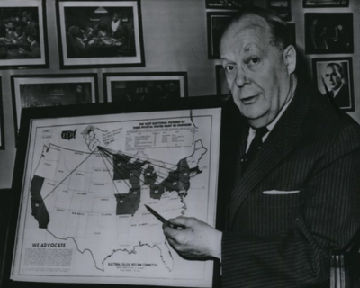 Sen. Karl Mundt, R-S.D., poses in 1963 with a map showing the key states that then held the most number of votes in the Electoral College. He proposed a constitutional amendment that would have required all states to distribute their electoral vote like Maine and Nebraska, which allocate two electoral votes to the presidential candidate who wins the most number of votes statewide and one vote to the candidate with the most votes in each congressional district.  (ASSOCIATED PRESS)