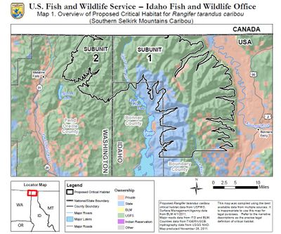 Map of area proposed by the U.S. Fish and Wildlife Service for protection as critical habitat for Selkirk Mountains woodland caribou. (U.S. Fish and Wildlife Service)