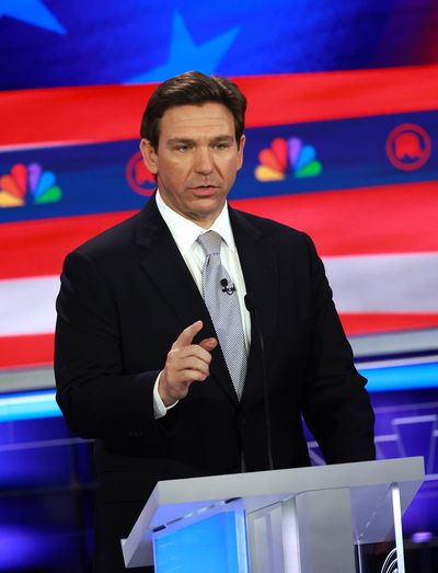 Republican presidential candidate Florida Gov. Ron DeSantis speaks during the NBC News Republican Presidential Primary Debate at the Adrienne Arsht Center for the Performing Arts of Miami-Dade County on Wednesday, Nov. 8, 2023, in Miami.    (Joe Raedle/Getty Images North America/TNS)