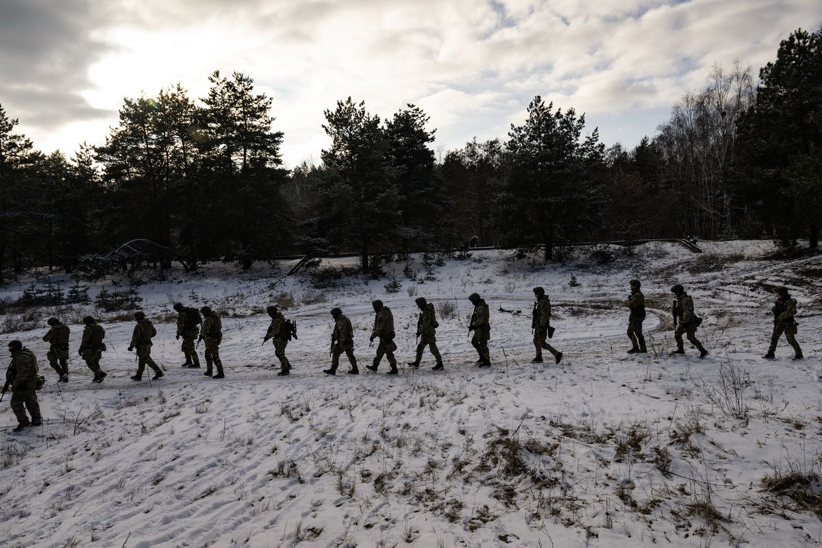  Soldiers with the Free Russia Legion training in the Kyiv region of Ukraine, Feb. 7, 2023. The cross-border attacks by fighters aligned with Ukraine were an effort to force Russia