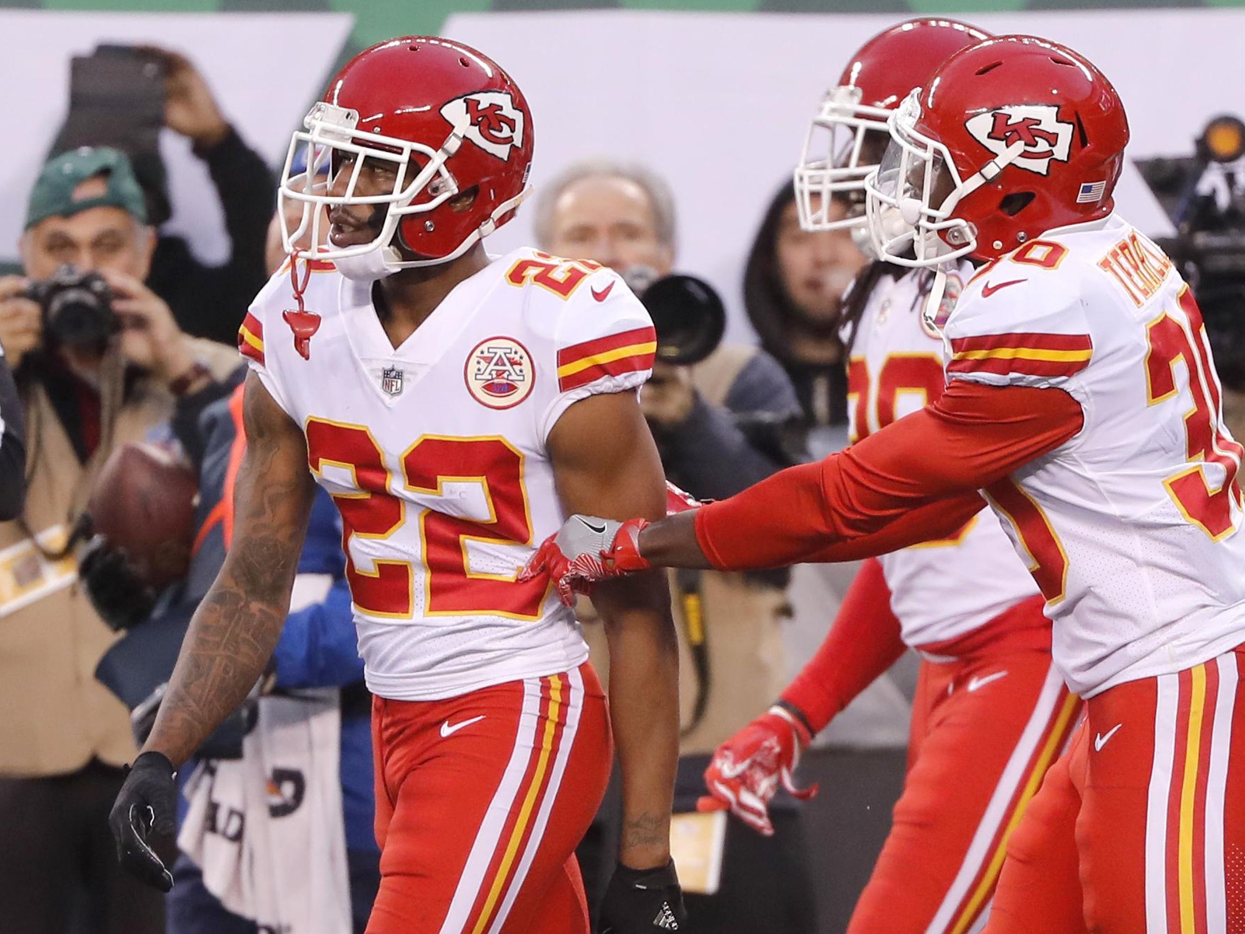 East Rutherford, New Jersey, USA. 3rd Dec, 2017. Kansas City Chiefs  cornerback Marcus Peters (22) heads back to the field with no socks during  the NFL game between the Kansas City Chiefs