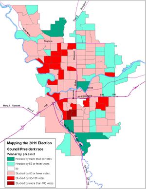 This is a map of the precinct breakdowns in the city of Spokane for the council president race, based on the vote count on Election night. (Jim Camden)
