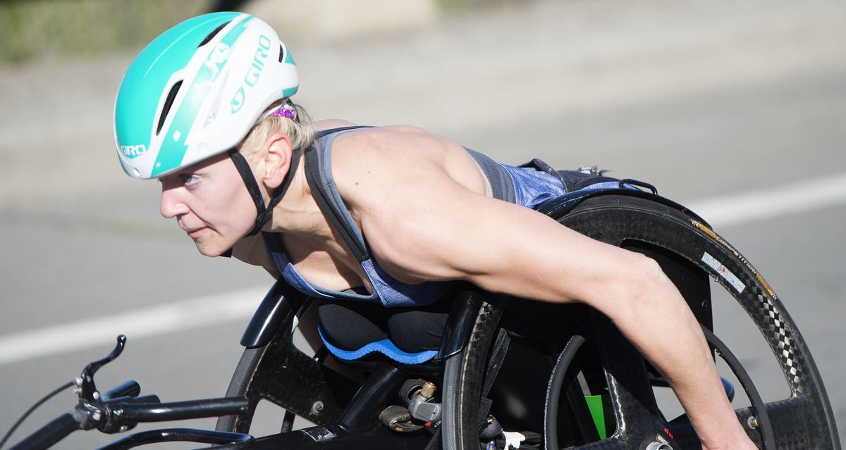 Women’s wheelchair winner Susannah Scaroni leads the pack up Doomsday Hill during Bloomsday on May 1, 2016.  (TYLER TJOMSLAND)