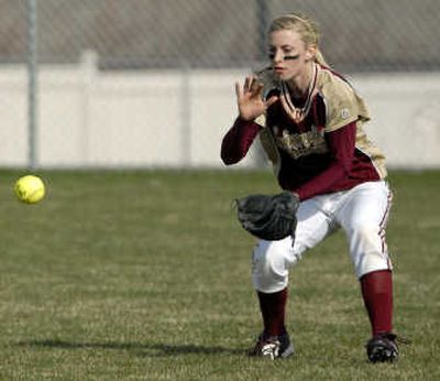 
U-Hi center fielder Alyssa Hawley fields the ball during the first inning in a game against Central Valley last Thursday. She had two hits as the Titans beat the Bears 5-4. Hawley has accepted a scholarship to play for North Idaho College next year.
 (J. BART RAYNIAK / The Spokesman-Review)