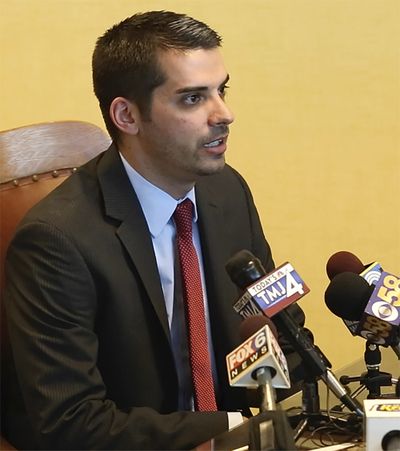 Fond du Lac County District Attorney Eric Toney speaks during a news conference June 29, 2016, in Fond du Lac, Wis. A supporter of former President Donald Trump who wanted to root out voter fraud is one of five people charged with election fraud by a Republican district attorney who is running for Wisconsin attorney general. Fond du Lac County District Attorney Eric Toney said Thursday, Feb. 10, 2022 that all five voters, including a homeless person, improperly listed a post office box number at a UPS store as their address, rather than a residential address as is required under Wisconsin law.  (Doug Raflik)