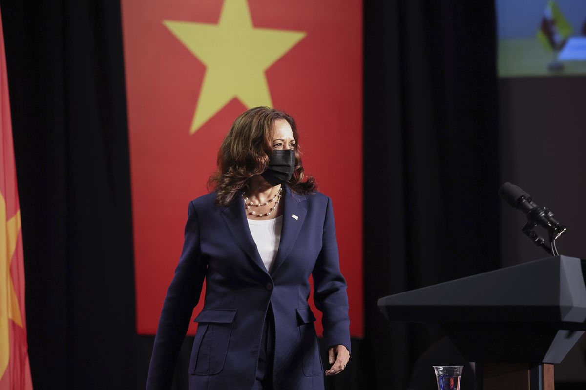 U.S. Vice President Kamala Harris attends the official launch of the Centers for Disease Control and Prevention Southeast Asia regional office in Hanoi, Vietnam, Wednesday, Aug. 25, 2021.  (Evelyn Hockstein)