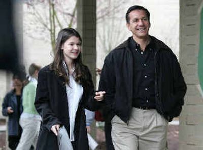
Dino Rossi and his daughter, Juliauna, 14, spend the day Saturday at the Eastside Catholic High School Speech Tournament in Bellevue, where Juliauna, an eighth-grader at St. Louise, was competing. 
 (Associated Press / The Spokesman-Review)